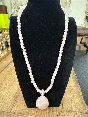 Handcrafted Rose Quartz Beaded Necklace with Faceted Pendant - Pink